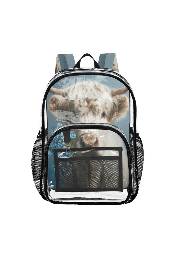 PVC Transparent Backpacks Clear Backpack for Travel and Outings Highland Cow and Blue Flowers