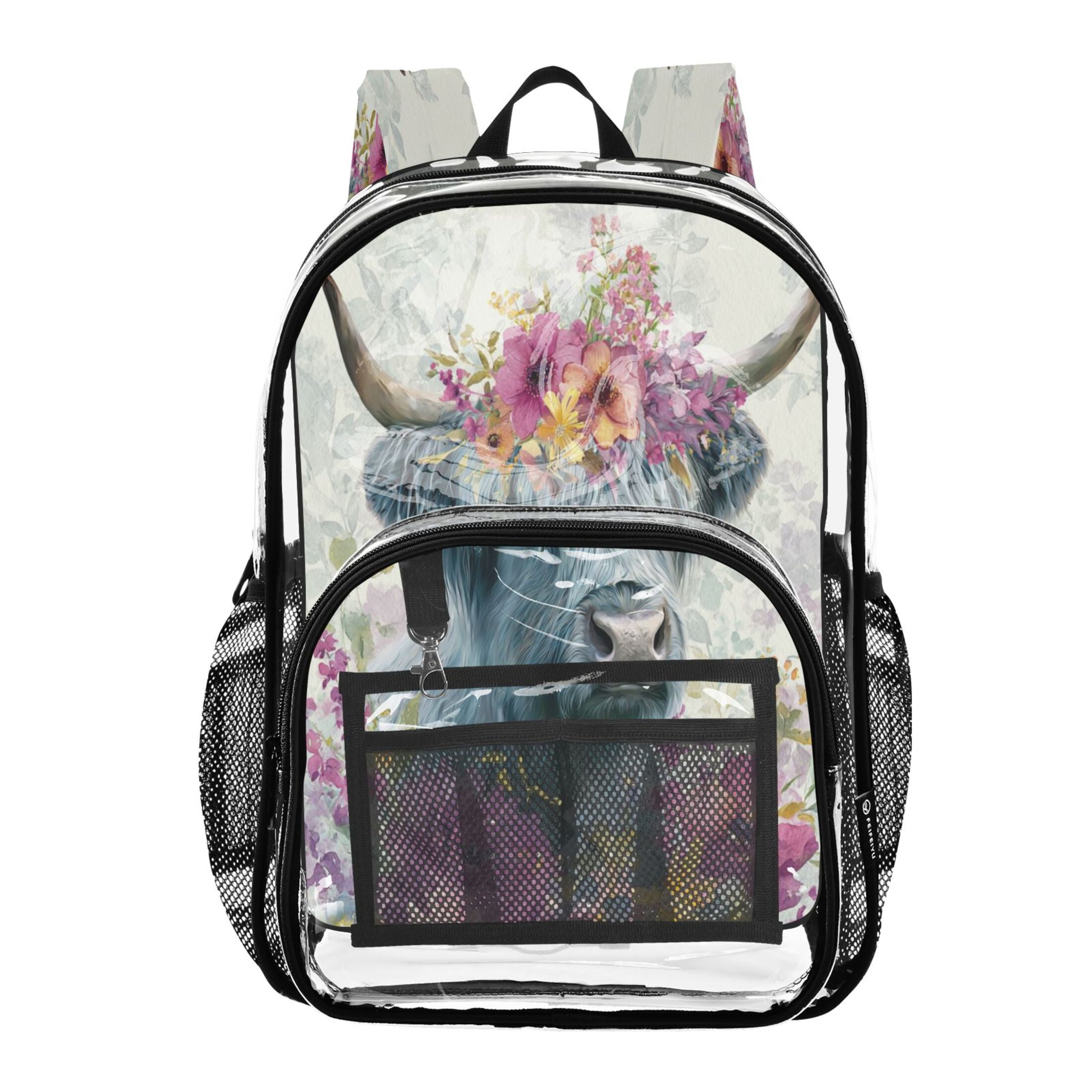 PVC Transparent Backpacks Clear Backpack for Travel and Outings Highland Cow with Wildflowers