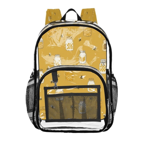 PVC Transparent Backpacks Clear Backpack for Travel and Outings Honey Jars and Bees Pattern