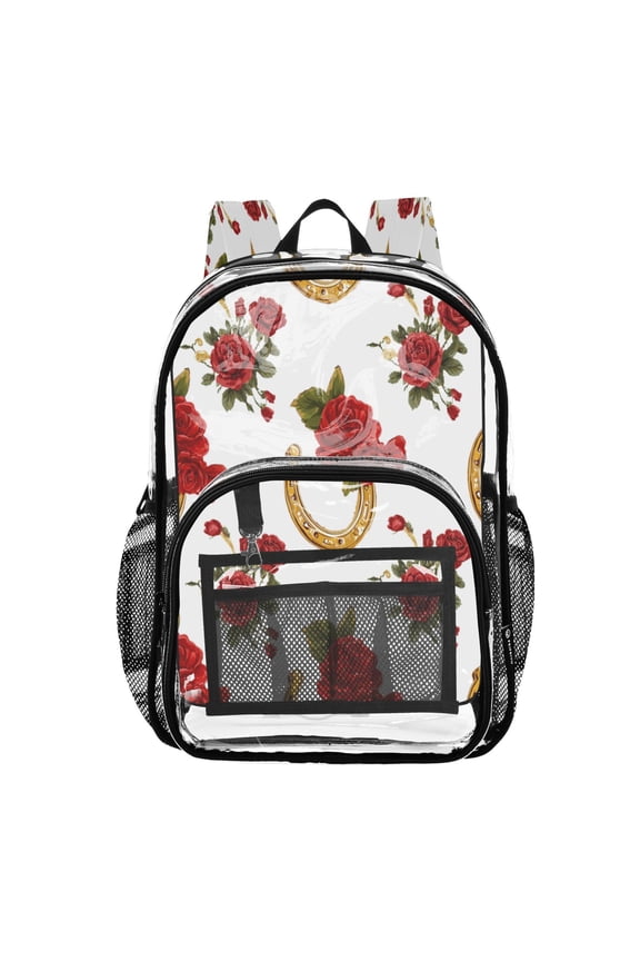 PVC Transparent Backpacks Clear Backpack for Travel and Outings Horseshoe Pattern with Red Roses