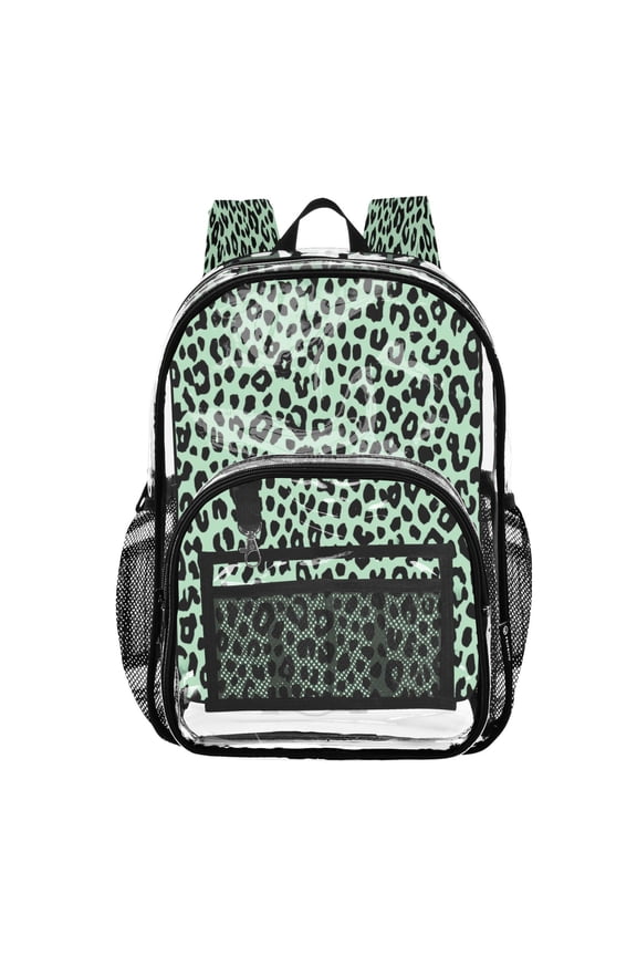 PVC Transparent Backpacks Clear Backpack for Travel and Outings Mint Green Leopard Print