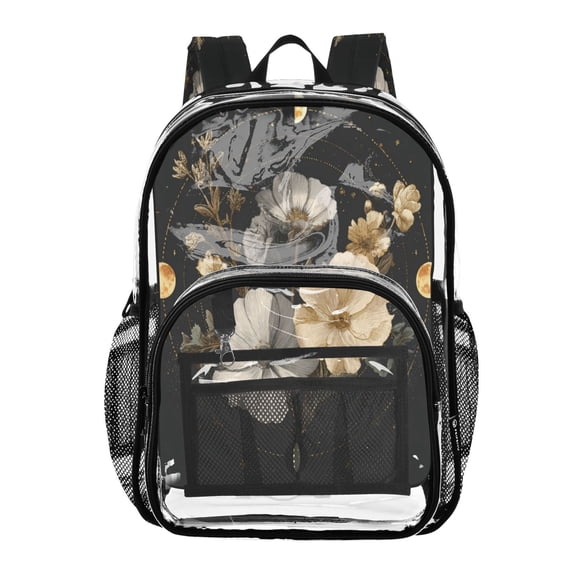 PVC Transparent Backpacks Clear Backpack for Travel and Outings Moon Phases with Flowers and Stars