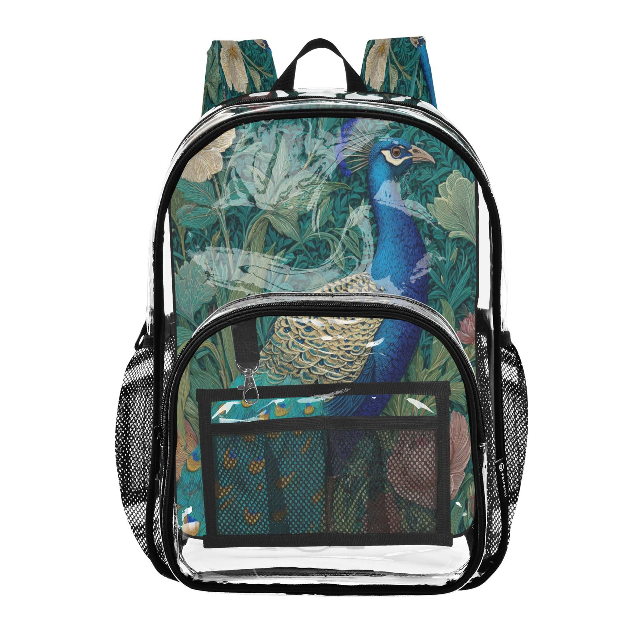 PVC Transparent Backpacks Clear Backpack for Travel and Outings Peacock Illustration