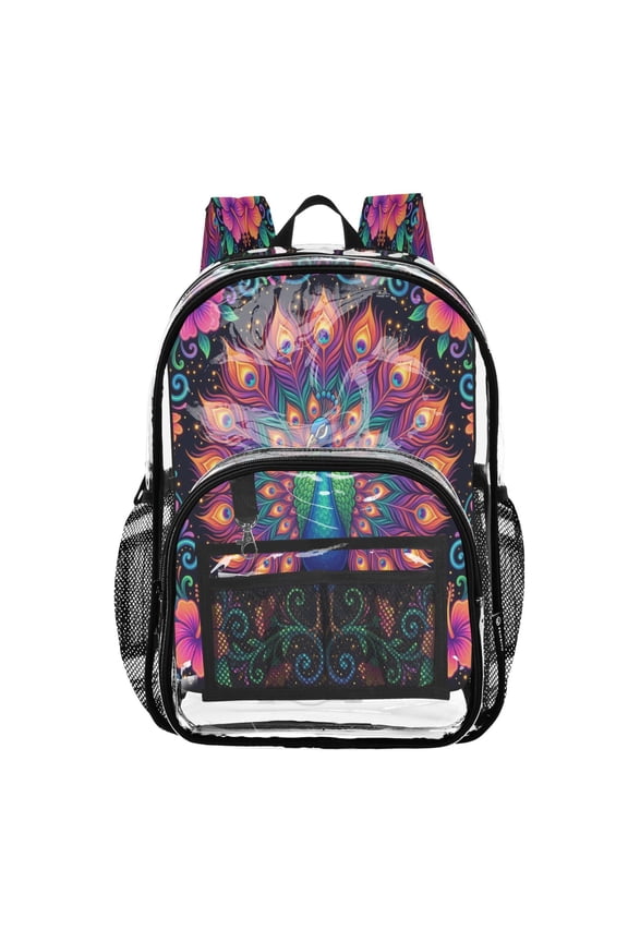 PVC Transparent Backpacks Clear Backpack for Travel and Outings Peacock with Iridescent Tail