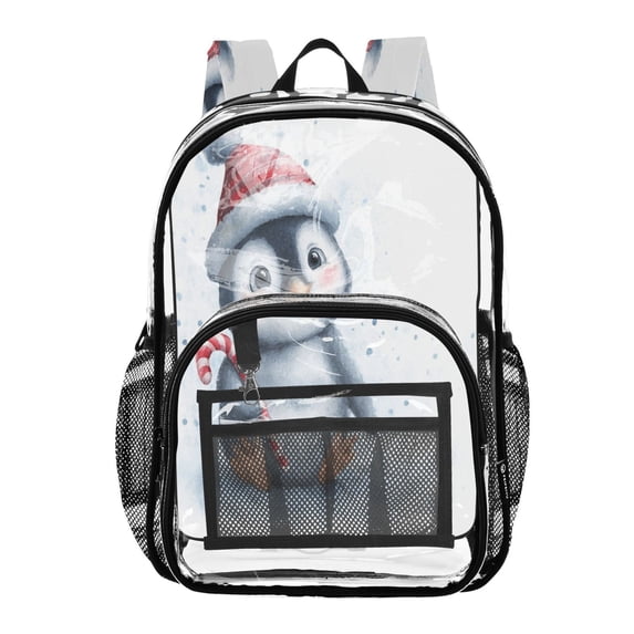 PVC Transparent Backpacks Clear Backpack for Travel and Outings Penguin Holding Candy Cane