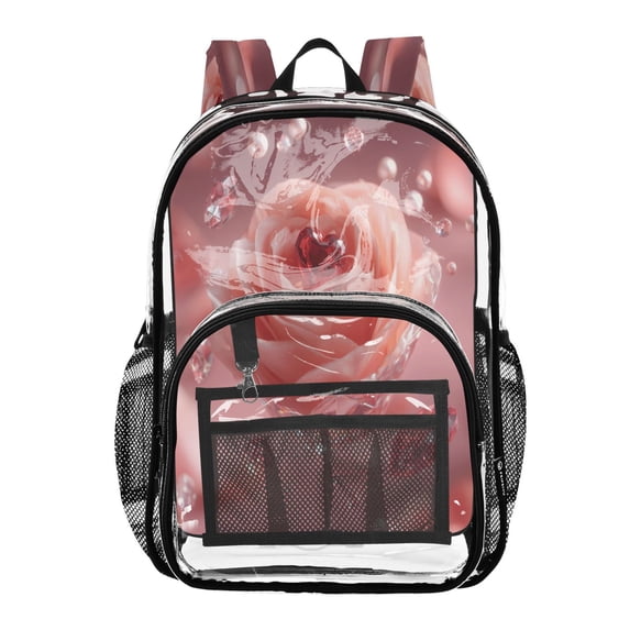 PVC Transparent Backpacks Clear Backpack for Travel and Outings Pink Rose with Red Heart-shaped
