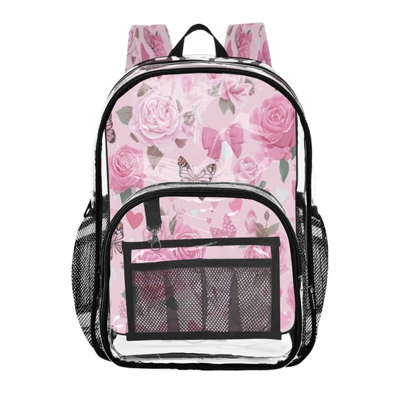 PVC Transparent Backpacks Clear Backpack for Travel and Outings Pink Roses and Butterflies