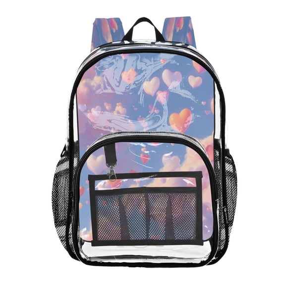 PVC Transparent Backpacks Clear Backpack for Travel and Outings Pink and White Hearts Pattern