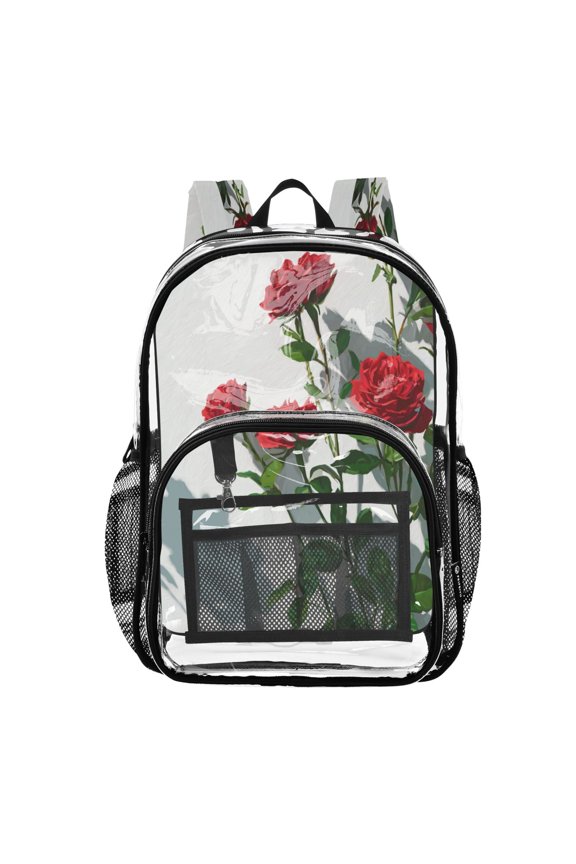 PVC Transparent Backpacks Clear Backpack for Travel and Outings Red Roses on The Wall