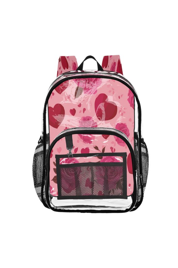 PVC Transparent Backpacks Clear Backpack for Travel and Outings Red Valentine's Day Pattern