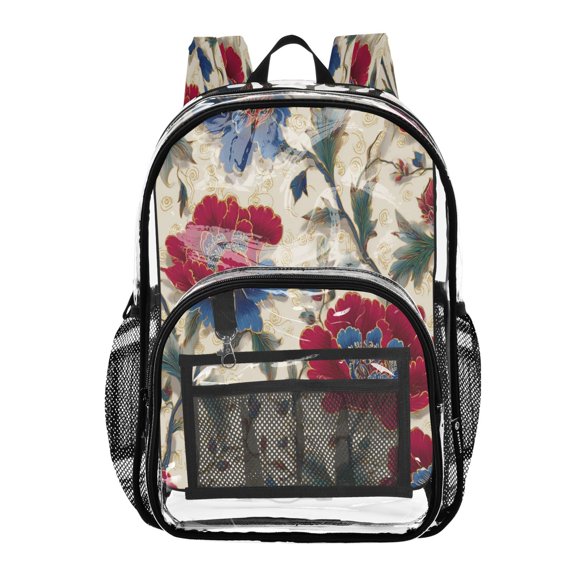 PVC Transparent Backpacks Clear Backpack for Travel and Outings Red and Indigo Blue Flowers
