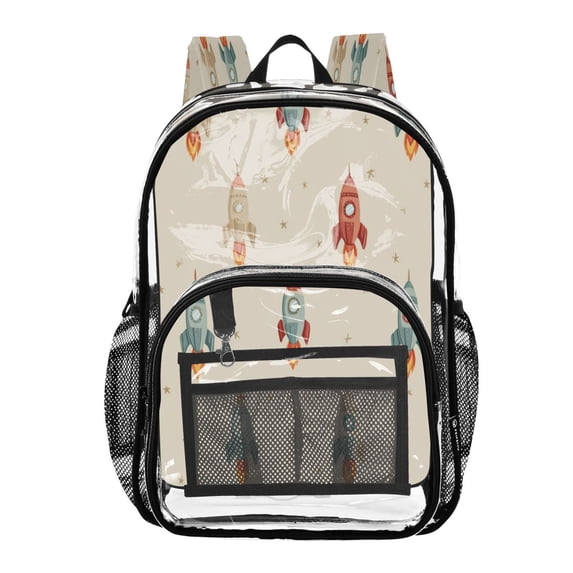 PVC Transparent Backpacks Clear Backpack for Travel and Outings Rocket with Flames Pattern