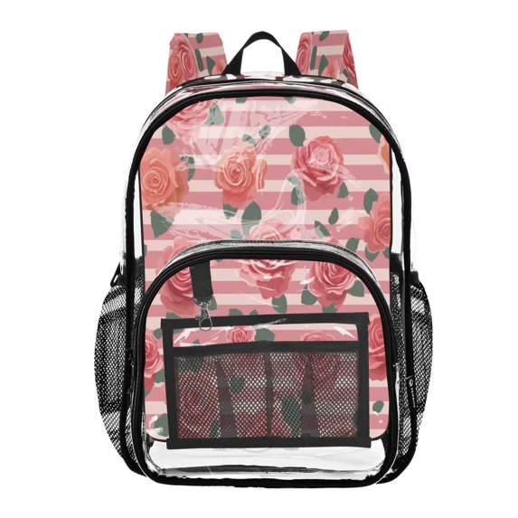 PVC Transparent Backpacks Clear Backpack for Travel and Outings Roses and Stripes Pattern