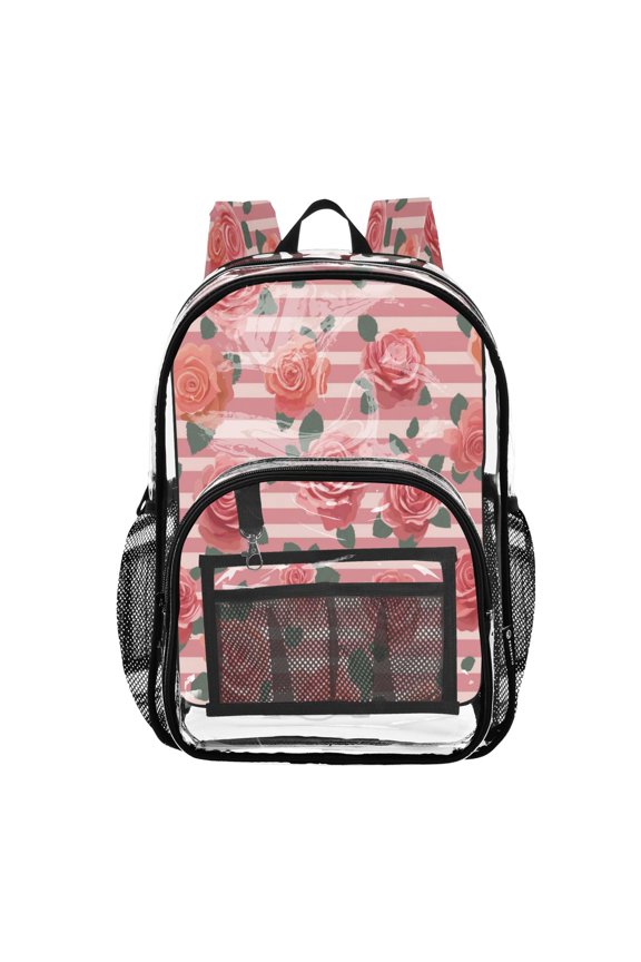 PVC Transparent Backpacks Clear Backpack for Travel and Outings Roses and Stripes Pattern