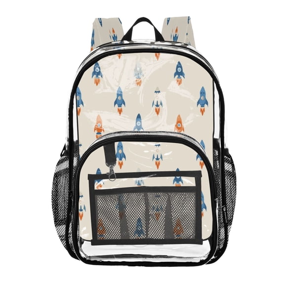 PVC Transparent Backpacks Clear Backpack for Travel and Outings Simple Rocket Ships Pattern