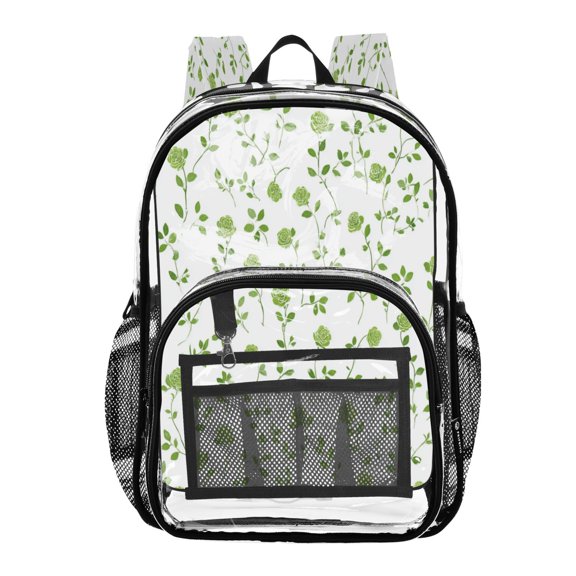 PVC Transparent Backpacks Clear Backpack for Travel and Outings Small Green Rose Pattern