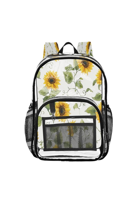 PVC Transparent Backpacks Clear Backpack for Travel and Outings Sunflowers and Curly Vines Pattern