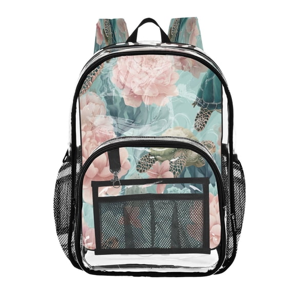 PVC Transparent Backpacks Clear Backpack for Travel and Outings Turtles with Pink Flowers