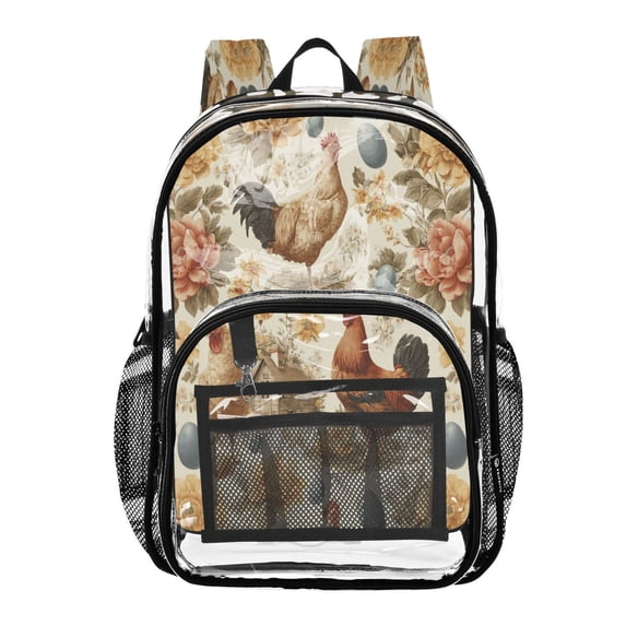PVC Transparent Backpacks Clear Backpack for Travel and Outings Vintage Flowers and Hens