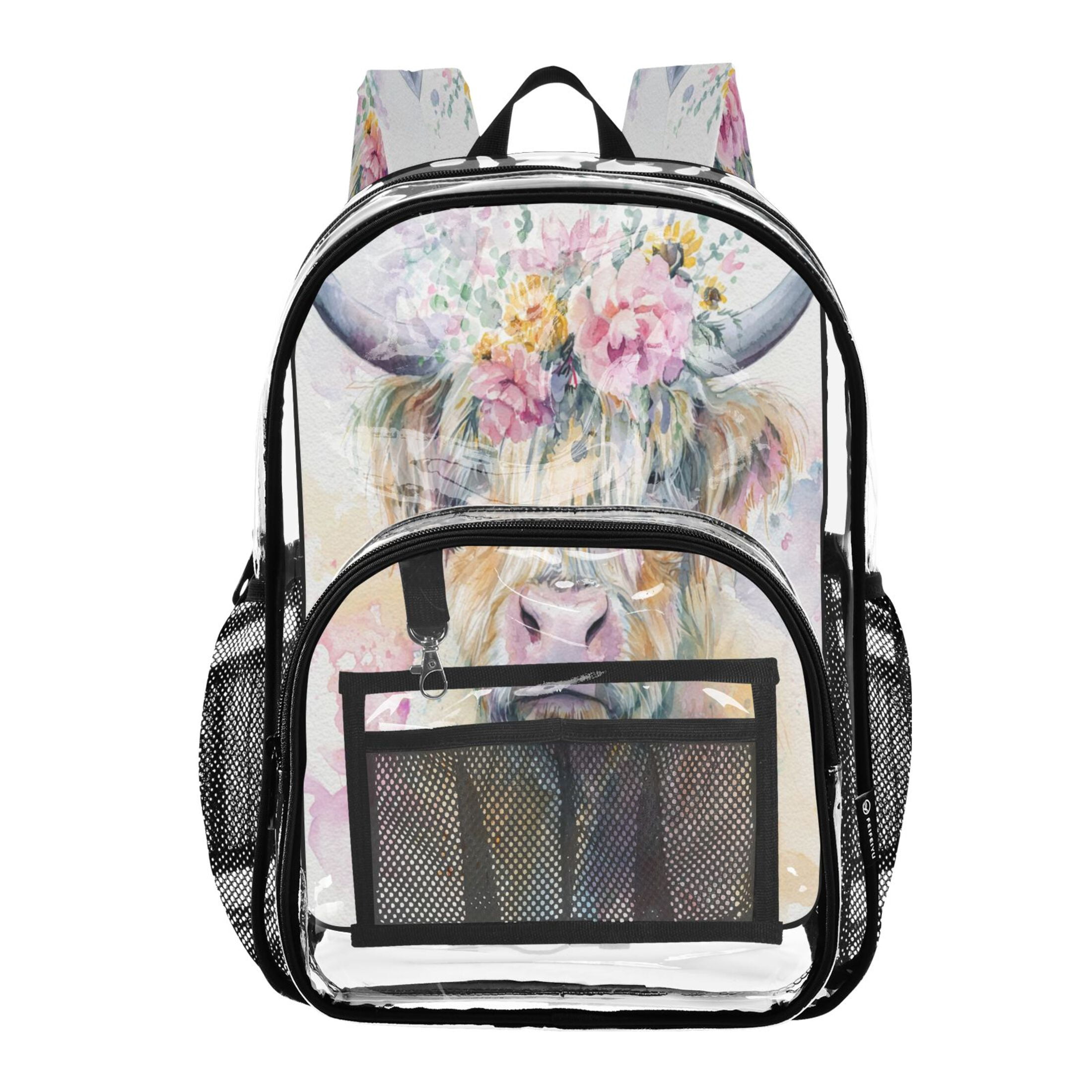PVC Transparent Backpacks Clear Backpack for Travel and Outings Watercolor Highland Cow