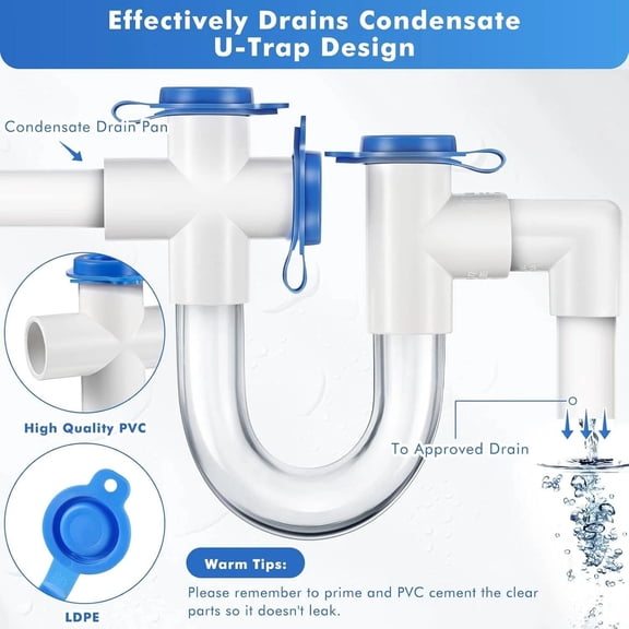 PVC U Trap for HVAC System, 3/4 Inch Standard Condensate Trap with Cleaning Brush