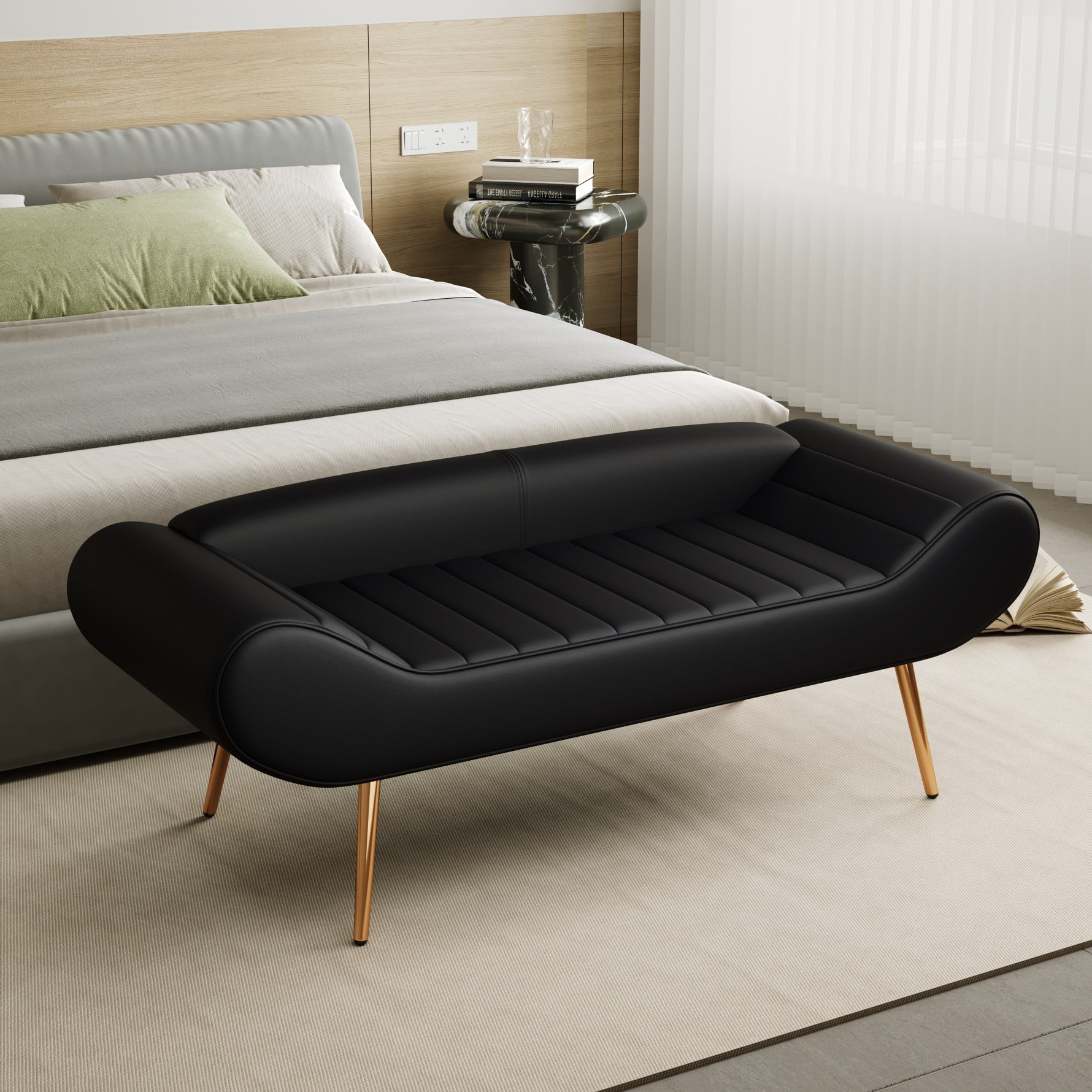 PVC Upholstered Entryway Bench, End of Bed Bench for Bedroom with Arms