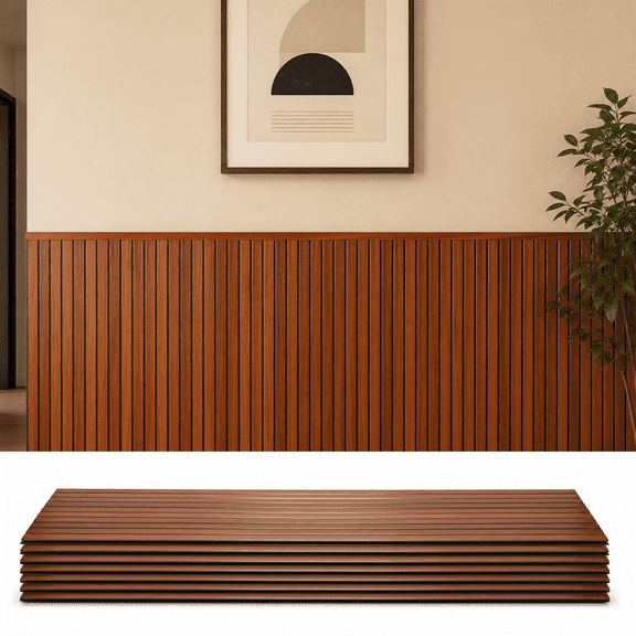 PVC Wainscoting Wall Panels, 8-Pack 47.2 x 11.8 in Wood Slat Wall Panel Kit with Top Trim, Covers 30.9 Sq.Ft, Decorative Half Wall Paneling for Living Room, Bedroom, Dark Walnut