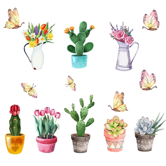 PVC Wall Stickers Wall Decoration Bonsai Cactus Pattern 900x290mm 2 sheets/set