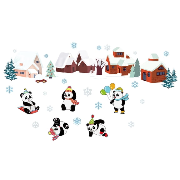 PVC Wall Stickers Wall Decoration Christmas Theme Panda Snowflake & House Pattern Colorful 700x390mm 2 sheets/set