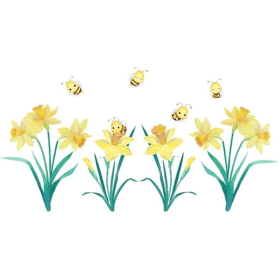 Flowers Wall Decor Yellower Daffodils Removable Wall Stickers with Leaves Wall Decal Bee Nursery Wall Sticker DIY Art PVC Wall Decal