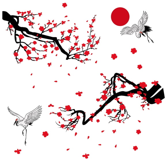 PVC Wall Stickers Wall Decoration Plum Blossom & Crane Chinese Painting Style Plant & Animal Pattern 750x390mm 2 sheets/set