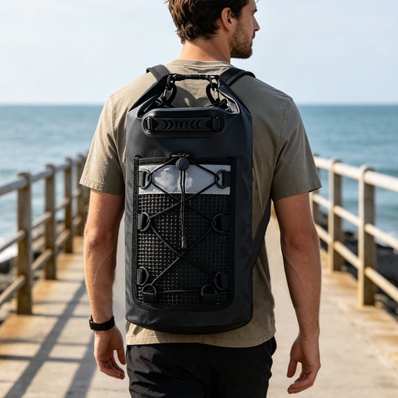 Waterproof Dry Bag Backpack, Floating Waterproof Storage Sack with Mesh Pocket for Kayaking Beach Camping Outdoor Water Activities Black