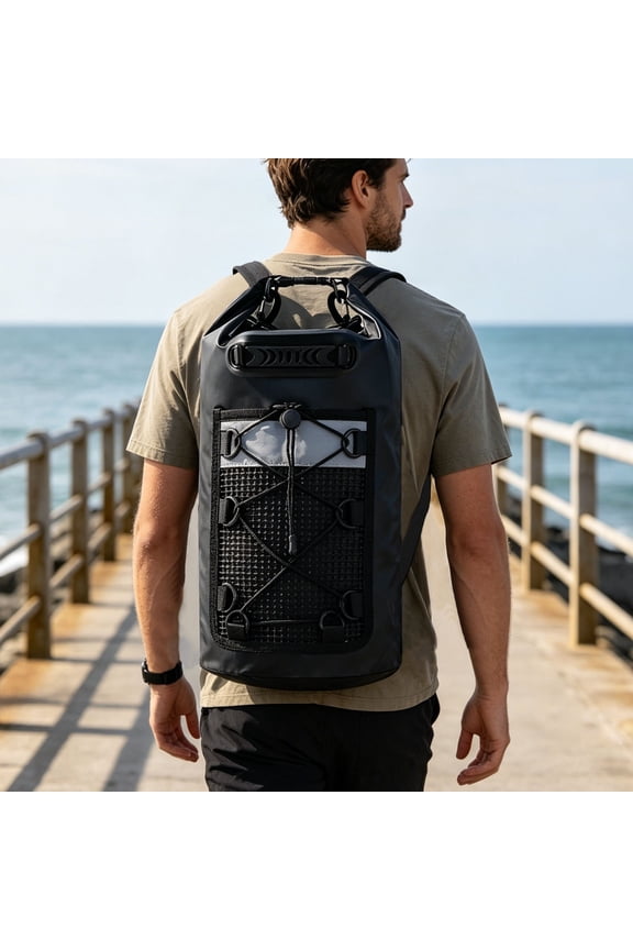 Waterproof Dry Bag Backpack, Floating Waterproof Storage Sack with Mesh Pocket for Kayaking Beach Camping Outdoor Water Activities Black