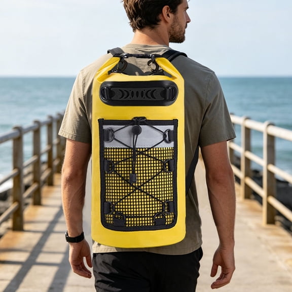Waterproof Dry Bag Backpack, Floating Waterproof Storage Sack with Mesh Pocket for Kayaking Beach Camping Outdoor Water Activities Yellow