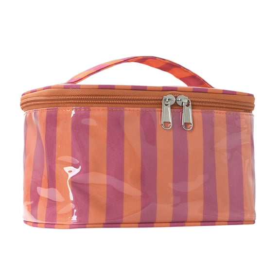 PVC Waterproof Striped Toiletry Bag, Large Capacity Travel Cosmetic Pouch with Handle & Dual Compartments, Glossy Water Resistant Makeup Organizer with Mesh Pocket for Skincare Toiletries (Orange)