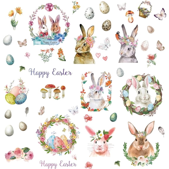 PVC Waterproof Wall Stickers Self-Adhesive Decals for Window or Stairway Home Decoration Rectangle with Easter Egg & Rabbit Easter Theme Pattern 200x145mm about 1 sheets/style