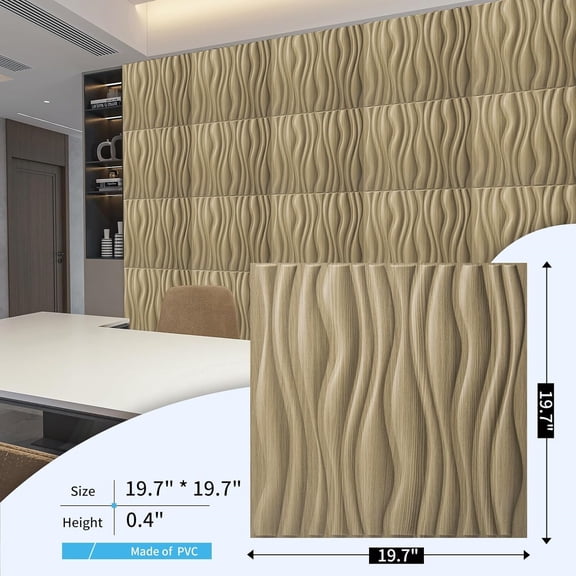 PVC Wave Board Textured 3D Wall Panels for Interior Wall Decor, Living Room, Bedroom, Office, Walnut, 19.7" x 19.7" (12 Pack)