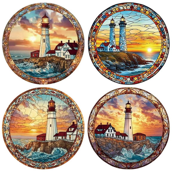 PVC Window Static Sticker Flat Round Shape for Window or Stairway Home Decoration Lighthouse 160x160mm 4pcs/set