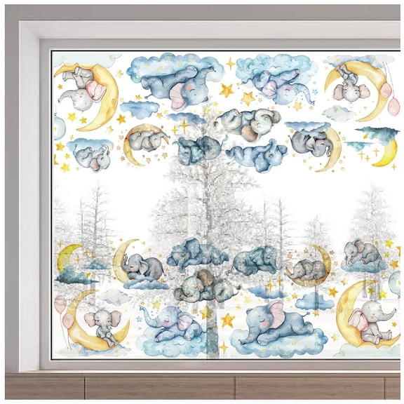 PVC Window Static Stickers Rectangle Shape for Window Decoration Elephant 380x1160mm for DIY