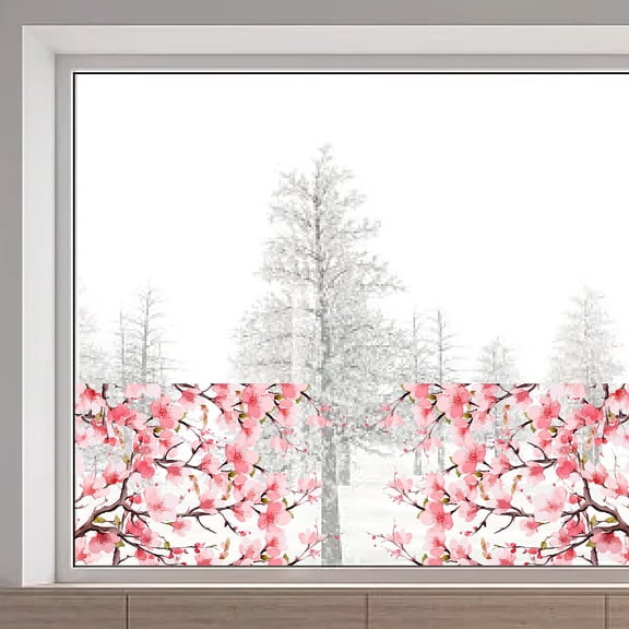 PVC Window Static Stickers Rectangle Shape for Window Decoration March Cherry Blossom 380x1160mm for DIY