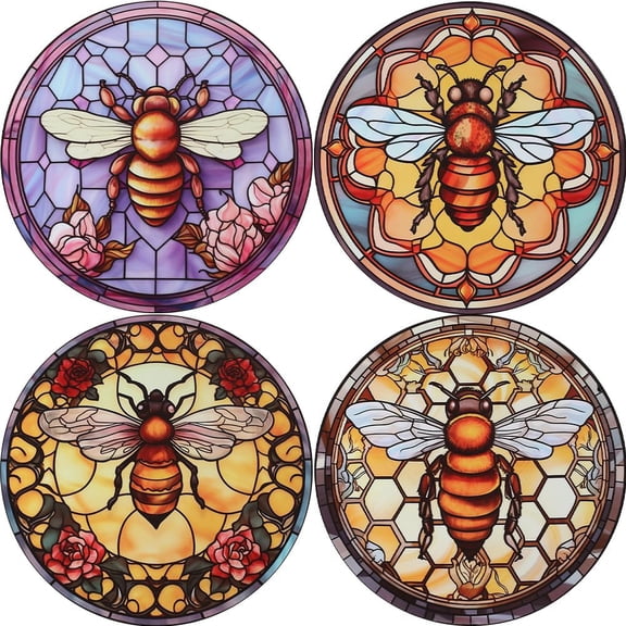 PVC Window Static Stickers Round Waterproof Electrostatic stickers for Window Decoration Bees 255x0.3mm 4pcs/set