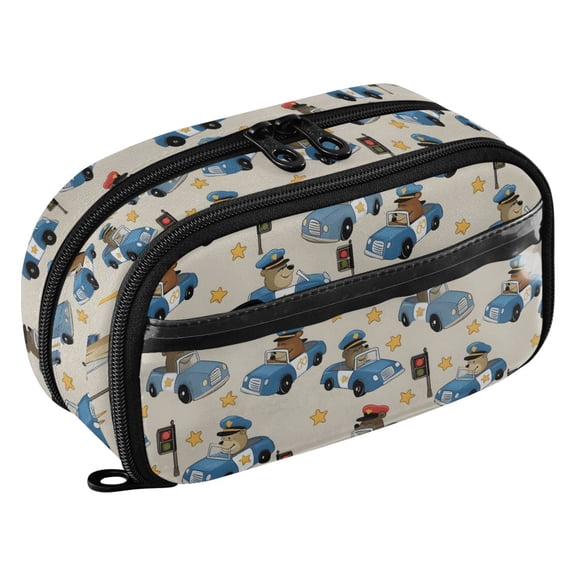 PVC Zipper Pencil Pouch Bear Driving Police Car Waterproof Stationery Organizer Bag Cute Large Capacity Pencil Case for School Travel
