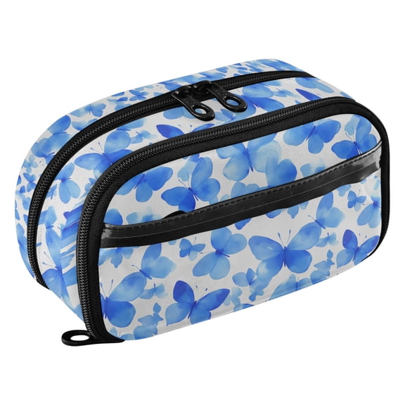 PVC Zipper Pencil Pouch Butterfly Tile Flat Blue Waterproof Stationery Organizer Bag Cute Large Capacity Pencil Case for School Travel