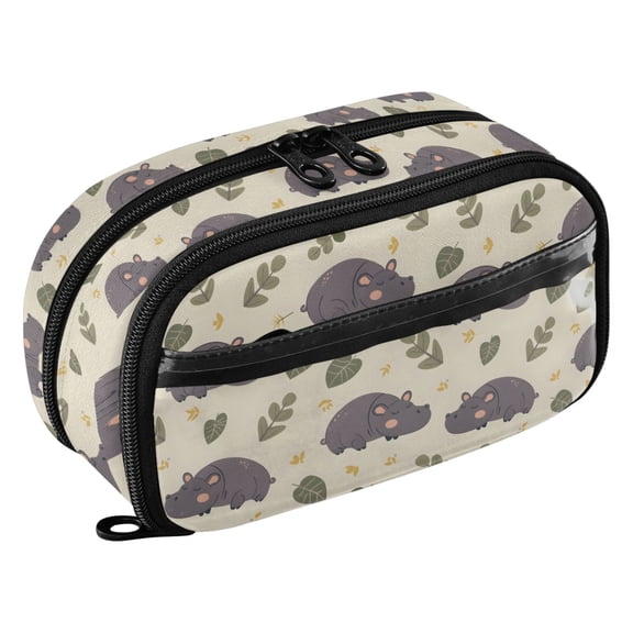 PVC Zipper Pencil Pouch Cute Sleepy Hippo Vector Pattern in Flat Style Waterproof Stationery Organizer Bag Cute Large Capacity Pencil Case for School Travel