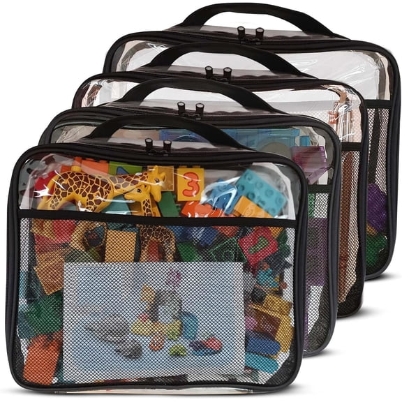 PVC Zippered Blocks Set - 4 Packs 12" x 10" x 3" Board Storage Organizer Case with Internal Side Pocket for Craft, Hobby Art, School Office Supplies (Black)