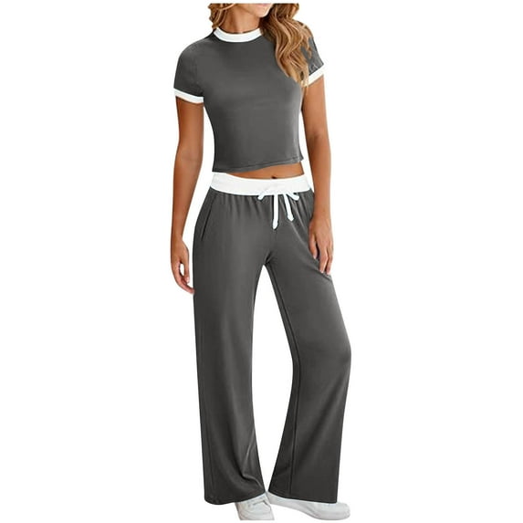 PVCS Summer Outfits for Women Two Piece Outfit Casual 2 Piece Short Sleeve Tops Crew Neck Pants Sets Tracksuits