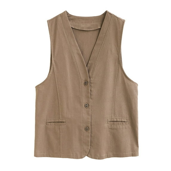 PVCS Trendy Jackets for Women Clearance Cotton Linen Cardigan Button Up Vest with Pockets Solid Color Jacket 2XL