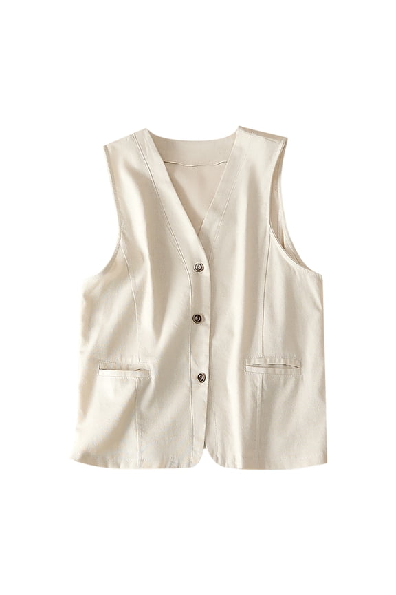 Trendy Jackets for Women Clearance Cotton Linen Cardigan Button Up Vest with Pockets Solid Color Jacket 2XL