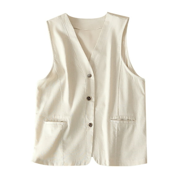 PVCS Trendy Jackets for Women Clearance Cotton Linen Cardigan Button Up Vest with Pockets Solid Color Jacket 2XL