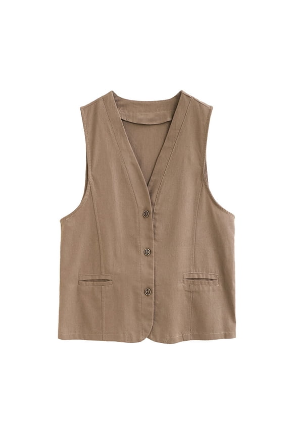 Trendy Jackets for Women Clearance Cotton Linen Cardigan Button Up Vest with Pockets Solid Color Jacket M